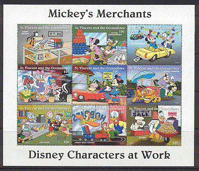 St. Vincent 1996 Disney / Merchants / Trains / Cars / Transport / Commerce 9v sht (s375)