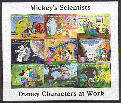St. Vincent 1996 Disney/ Scientist/ Space/ Dinosaur/ Dam/ Monkey/ Gorilla 9v sht (s372)