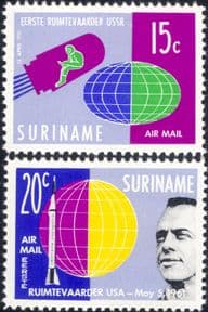 Suriname 1961 Man in Space/ Gagarin/ Vostok/  Shepard/ Mercury/ Rocket/ First Flight 2v set (s2849c)