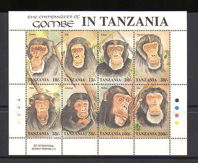 Tanzania 1992  CHIMPANZEES of Gombe/ Apes/ Wild Animals/ Wildlife  8v sht  (n13222)