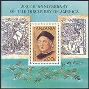 Tanzania 1992 Columbus/ Ships/ Sailing/ Explorers/ Transport/ People 1v m/s (b5915)