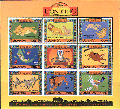 Uganda 1994 DISNEY Animated Lion King / Cinema / Film / Birds / Monkey 9v sht 1 n15718