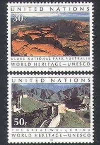 UN (NY) 1992 UNESCO  /  Wall of China  /  Uluru National Park  /  Nature 2v set (n35840)