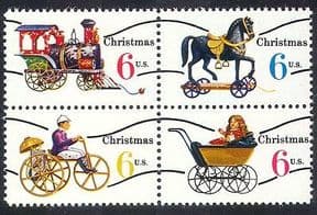 USA 1970 Christmas  /  Toys  /  Horse  /  Train  /  Steam  /  Locomotive  /  Pram  /  Bike 4v blk (n34530)