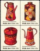 USA 1979 Folk Art/ Coffee Pots/ Tea Caddy/ Bowls/ Ceramics/ Tableware 4v blk (n45008)