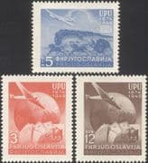 Yugoslavia 1949 UPU 75th/ Trains/ Rail/ Ship/ Plane/ Mail Coach/ Transport/ Boats 3v set (n45354)