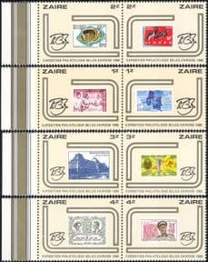 Zaire 1980  Stamp-on-Stamp/ S-on-S/ Fish/ Birds/ Medical/ Blood/ StampEx  8v set 4 x pairs (n46354j)