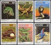 Zaire 1986 Cobra/ Chameleon/ Reptiles/ Snakes/ Lizards/ Nature/ Wildlife 6v set (b9232)