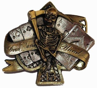 24ct Gold and Silver Plated Dead Man's Hand Belt Buckle with display stand. Product Code: KC7