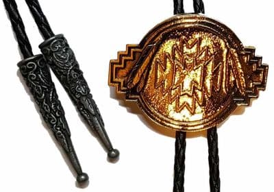 24ct Gold Plated Aztec Indian Design and Feathers Bolo Tie. Code BTWW4G