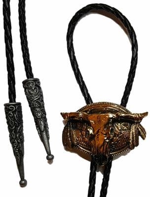 24ct Gold Plated Steer Skull and Feathers Bolo Tie. Code BTWW3G