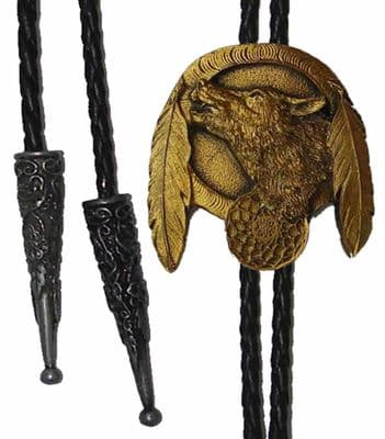 24ct Gold Plated Wolf and Feathers Bolo Tie. Code BTWW20G