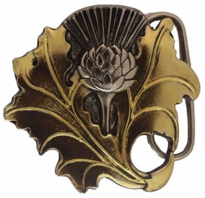 24ct. Gold and Silver Plated Thistle Belt Buckle with display stand. Product Code: FJ2