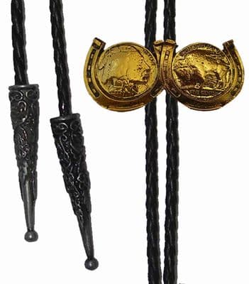 24ct. Gold Plated Indian and Buffalo Coins Bolo Tie. Code BTWW11G