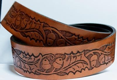 Acorns and Leaves Embossed Full Grain Tan Leather Belt . 1½
