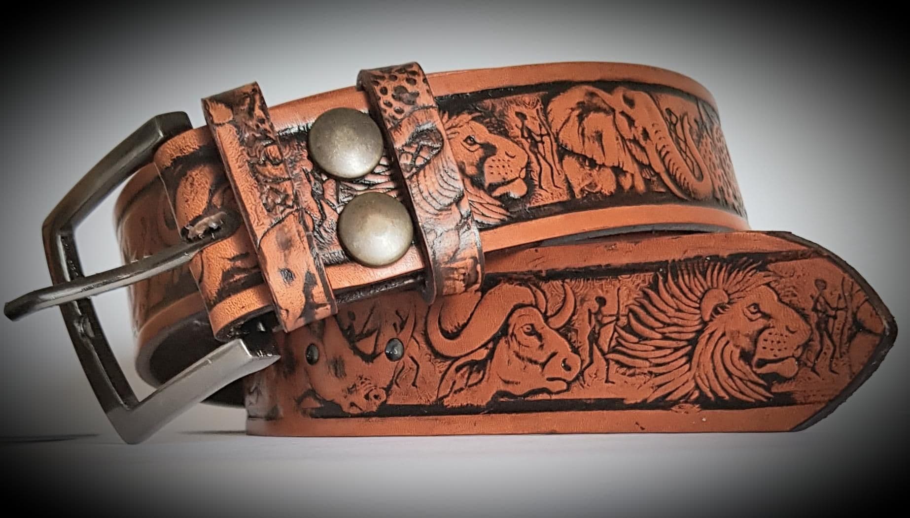 African Wildlife Embossed Full Grain Leather Belt 1 