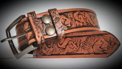 African Wildlife Embossed Full Grain Leather Belt . 1½