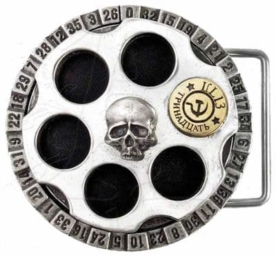 Alchemy Gothic Russian Roulette Belt Buckle with display stand. Code WH3
