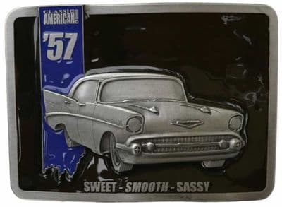 American '57 Belt Buckle with display stand. Code SB7