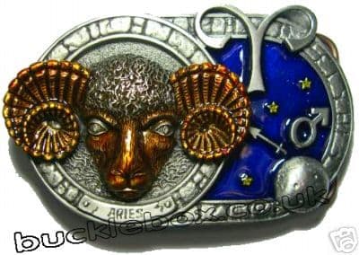 ARIES THE RAM, ZODIAC HOROSCOPE SIGN BELT BUCKLE + display stand