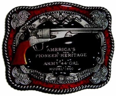 Army 44 Caliber Model 1860 America's Pioneer Heritage Belt Buckle with display stand. Code MH1