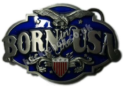 Born in the USA Belt Buckle + display stand. Code NL5