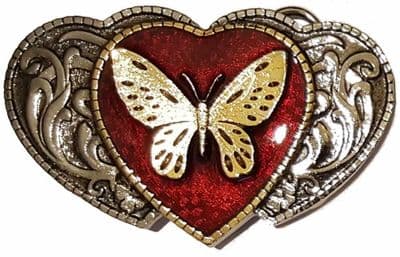 Butterfly on 3 Hearts Red -  Gold and Silver Plated Belt Buckle. WD8