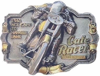 Cafe Racer Gold and Silver Plated Motorcycle Belt Buckle with display stand. Code GE7
