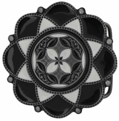 Celtic Flower black/white Belt Buckle with display stand. Code KK7