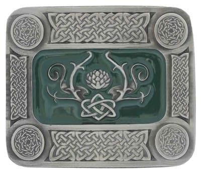 Celtic Thistle Oblong Belt Buckle with display stand. Code LA3