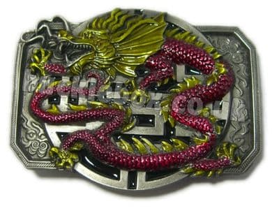 CHINESE DRAGON (RED & YELLOW) BELT BUCKLE + display stand