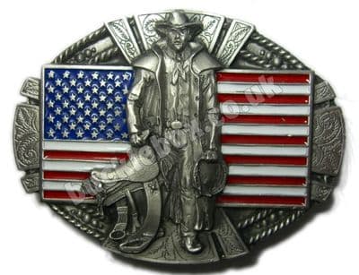COWBOY / AMERICAN FLAG Belt Buckle + display stand - GH5