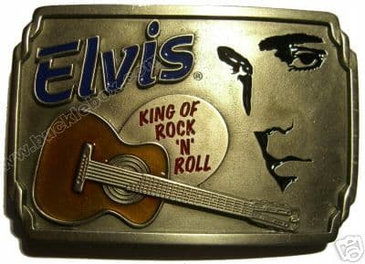 Elvis Presley Guitar belt buckle + display stand. Code KB8