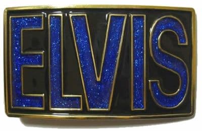 Elvis Rectangle Black and Blue Glitter Belt Buckle. Code BA3