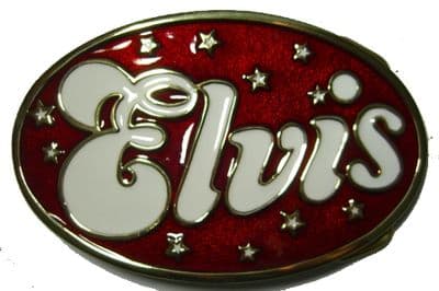 Elvis Red and White Oval Belt Buckle. Code AE1