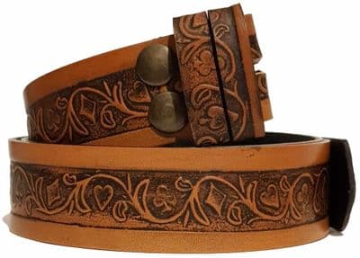 Embossed Full Grain Leather Belt - Card Suits Clubs, Diamonds, Hearts and Spades 1½