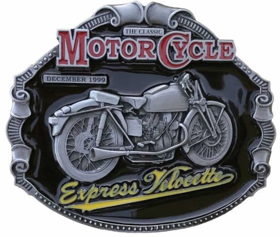 Express Velocette Motorcycle Belt Buckle with display stand. Code FK3
