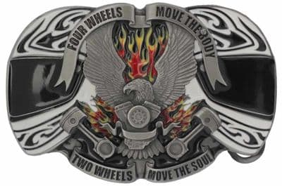 Four Wheels Move the Body - Two Wheels Move the Soul Belt Buckle. Code JM1