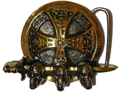 Gold & Silver Plated Norse Skulls Belt Buckle with display stand. Code LJ7