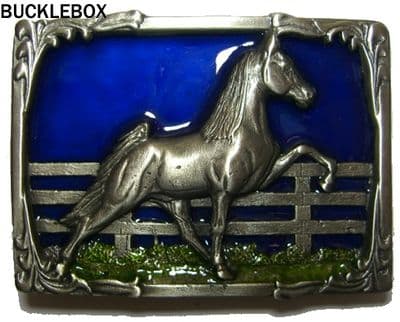 Horse and Fence Belt Buckle + display stand. Code OD3