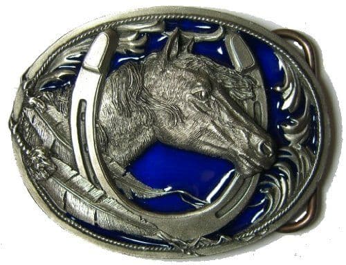 Horse Head and Horseshoe Belt Buckle with display stand. Product code: NK8