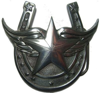 HORSESHOE, WINGS & STAR BELT BUCKLE + display stand