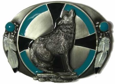Howling Wolf and Feathers Belt Buckle