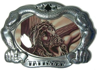 JESUS TATTOO BELT BUCKLE + display stand