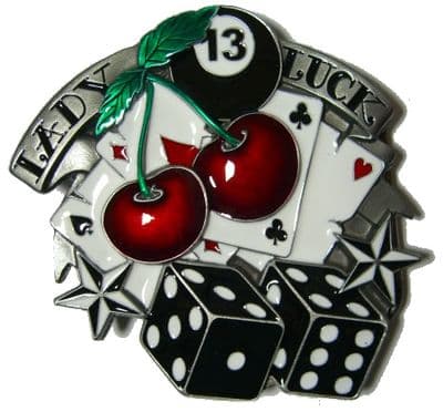 Lady Luck - Dice and Cherries - Belt Buckle + display stand. Code OC7