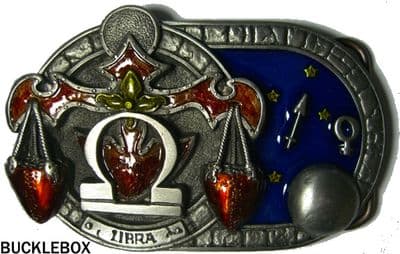LIBRA THE SCALES, ZODIAC HOROSCOPE SIGN BELT BUCKLE + display stand. Code EC7