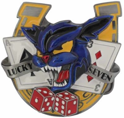 Lucky Seven, Wild Cat Cards, Dice and Horseshoe Belt Buckle with display stand. Product code EH5