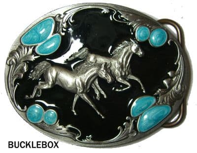 Mighty Horses Belt Buckle + display stand. Code NH6