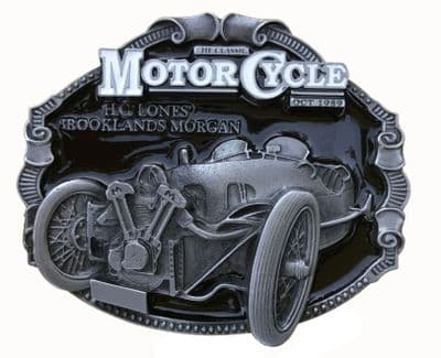 Morgan H.C. Lones' Brooklands Motorcycle Belt Buckle with display stand. Code TD3