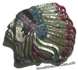 North American Indian Profile Belt Buckle + display stand. Code GA6